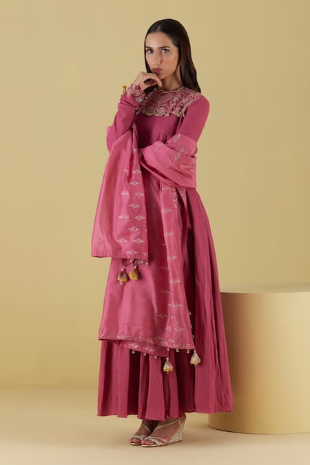 Inej Pink Rayon Tassels Round Placement Floral Embroidered Anarkali With Churidar at Aza Fashions Inej_Pink Rayon Tassels Round Placement Floral Embroidered Anarkali With Churidar _at_Aza_Fashions