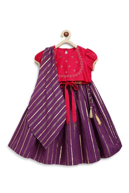 Tiber Taber_Purple Cotton, Silk Embroidery, Zari Stripe Pattern Lehenga Blouse Set _Online_at_Aza_Fashions