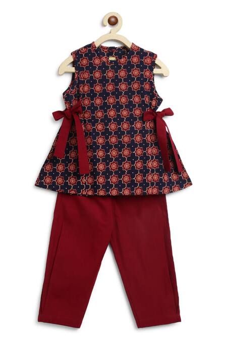 Tiber Taber_Blue Cotton Embroidery Geometric Bloom Print Kurta With Pant_Online_at_Aza_Fashions