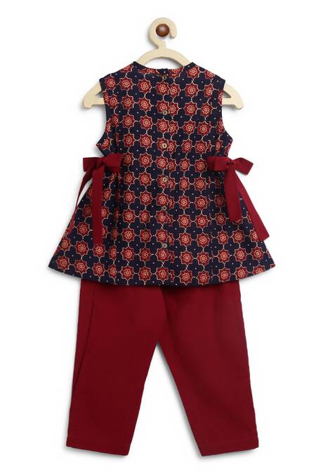 Buy_Tiber Taber_Blue Cotton Embroidery Geometric Bloom Print Kurta With Pant_Online_at_Aza_Fashions