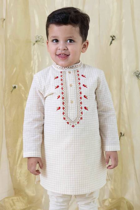 Tiber Taber_Cream Cotton Embroidery Chequered Kurta Set With Churidar_Online_at_Aza_Fashions