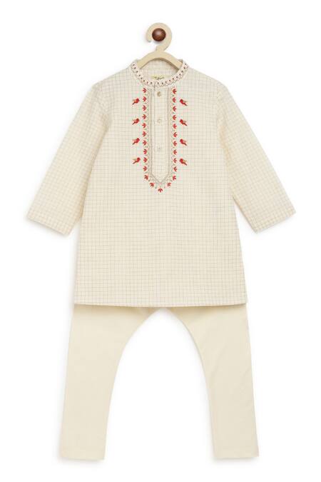 Buy_Tiber Taber_Cream Cotton Embroidery Chequered Kurta Set With Churidar_Online_at_Aza_Fashions