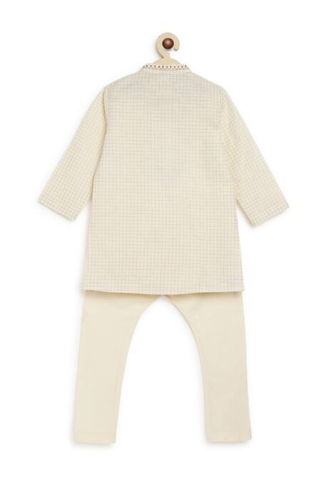 Shop_Tiber Taber_Cream Cotton Embroidery Chequered Kurta Set With Churidar_Online_at_Aza_Fashions