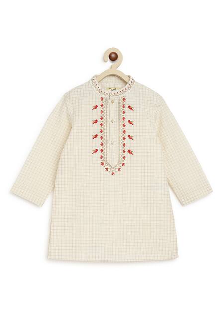 Tiber Taber_Cream Cotton Embroidery Chequered Kurta Set With Churidar_at_Aza_Fashions