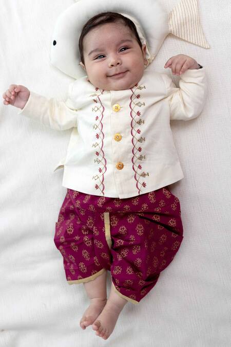 Tiber Taber Cream Cotton Embroidery, Zari Bandhgala And Motif Print Dhoti Pant Set Online at Aza Fashions Tiber Taber_Cream Cotton Embroidery, Zari Bandhgala And Motif Print Dhoti Pant Set _Online_at_Aza_Fashions