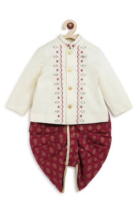 Tiber Taber_Cream Cotton Embroidery, Zari Bandhgala And Motif Print Dhoti Pant Set _at_Aza_Fashions