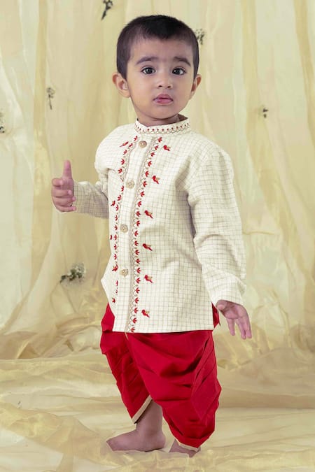 Shop Tiber Taber Cream Cotton Embroidery Chequered Birds Kurta Set at Aza Fashions Shop_Tiber Taber_Cream Cotton Embroidery Chequered Birds Kurta Set _at_Aza_Fashions