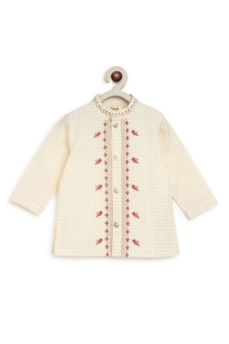 Tiber Taber Cream Cotton Embroidery Chequered Birds Kurta Set at Aza Fashions Tiber Taber_Cream Cotton Embroidery Chequered Birds Kurta Set _at_Aza_Fashions