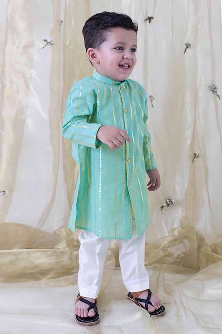 Tiber Taber_Green Cotton Stripe Pattern Kurta Set _Online_at_Aza_Fashions