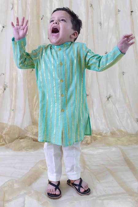 Buy_Tiber Taber_Green Cotton Stripe Pattern Kurta Set _Online_at_Aza_Fashions