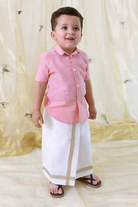 Buy_Tiber Taber_Pink Cotton Stripe Pattern Kurta With Mundu_Online_at_Aza_Fashions