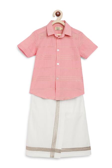 Shop_Tiber Taber_Pink Cotton Stripe Pattern Kurta With Mundu_Online_at_Aza_Fashions