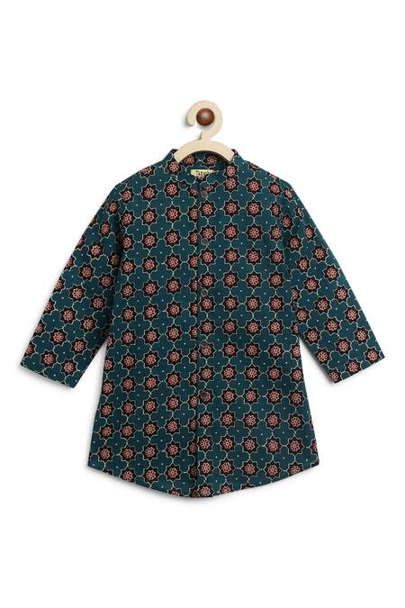 Tiber Taber_Green Cotton Embroidery Floral Print Kurta Set With Pant_Online_at_Aza_Fashions