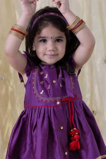 Tiber Taber_Purple Chanderi Silk Tassels, Embroidery Birds Yoke Angrakha Kurta With Salwar _Online_at_Aza_Fashions