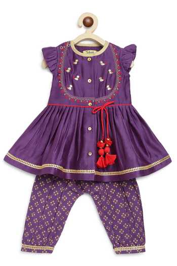 Shop_Tiber Taber_Purple Chanderi Silk Tassels, Embroidery Birds Yoke Angrakha Kurta With Salwar _Online_at_Aza_Fashions