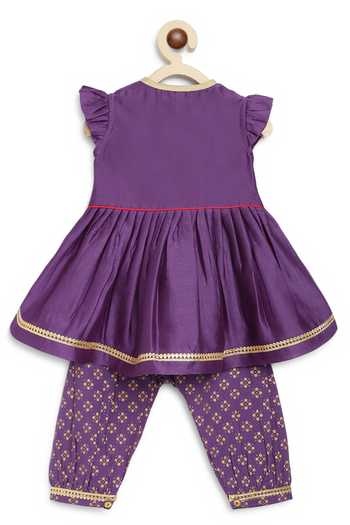 Tiber Taber_Purple Chanderi Silk Tassels, Embroidery Birds Yoke Angrakha Kurta With Salwar _at_Aza_Fashions