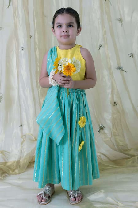 Tiber Taber_Blue Cotton Embroidery, Zari Stripe Pattern Lehenga Set _Online_at_Aza_Fashions