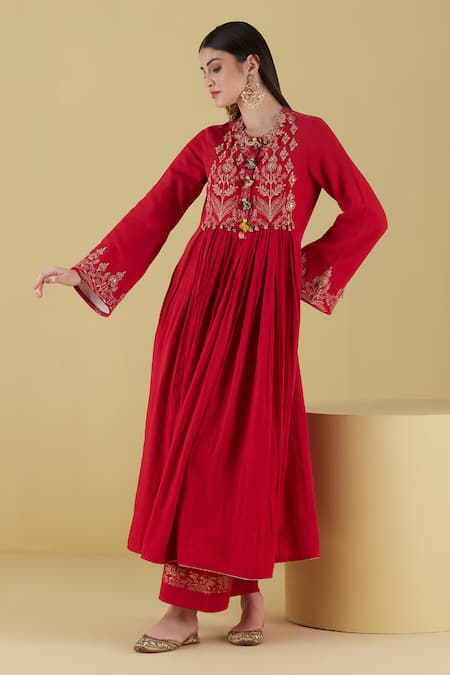 Inej Red Rayon Embroidery Round Neck Floral Yoke Anarkali With Palazzo at Aza Fashions Inej_Red Rayon Embroidery Round Neck Floral Yoke Anarkali With Palazzo _at_Aza_Fashions