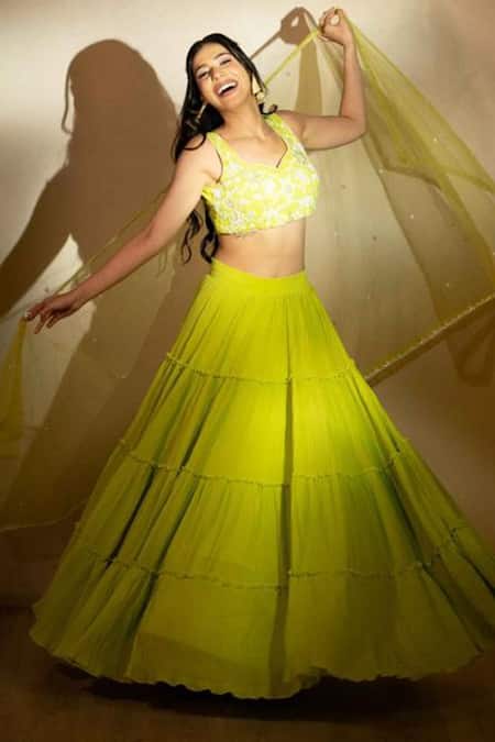 Buy_Redpine Designs_Green Georgette, Dupatta  Net Cutdana, Sequins, Moti V Neck Pleated Lehenga Set 