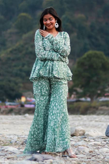 Redpine Designs Floral Print Peplum Sharara Set 