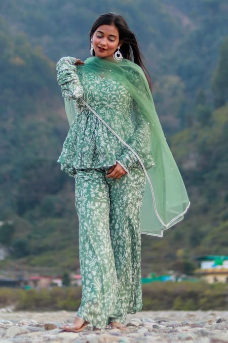 Buy_Redpine Designs_Green Dupatta  Net, Viscose Crepe Silk Cutdana, Print Peplum Sharara Set 
