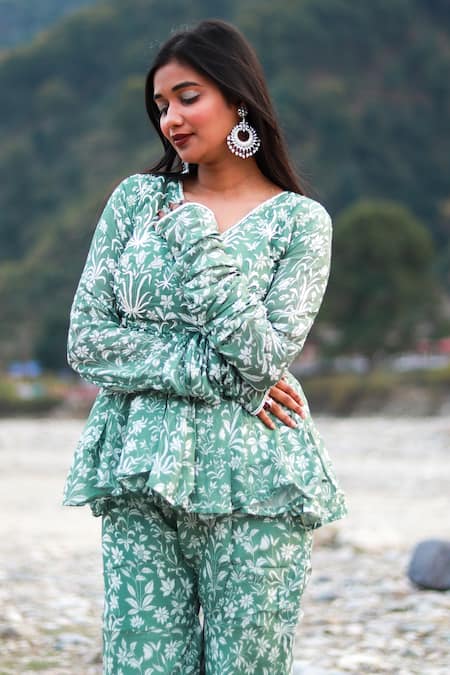 Shop_Redpine Designs_Green Dupatta  Net, Viscose Crepe Silk Cutdana, Print Peplum Sharara Set 