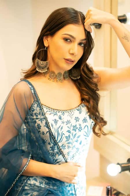 Shop_Redpine Designs_Blue Dupatta  Net, Kurta  Viscose , Sharara  Print Set 