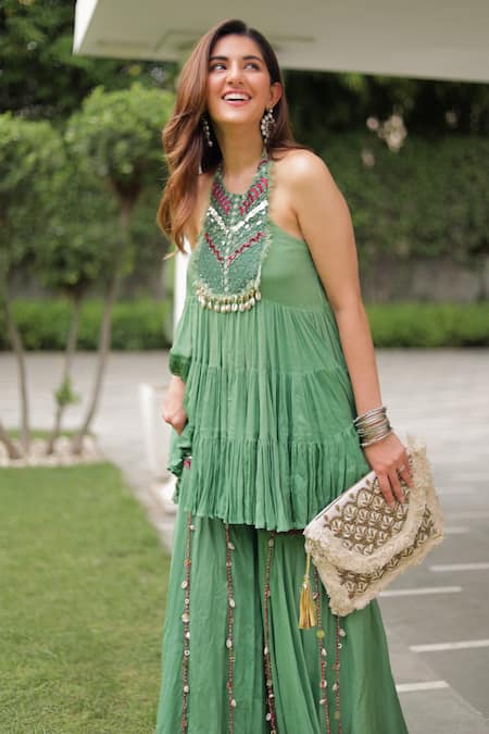 Buy Siyona By Ankurita Green Chinon Embroidered Sequins Halter Tiered Kurta And Gharara Set Buy_Siyona By Ankurita_Green Chinon Embroidered Sequins Halter Tiered Kurta And Gharara Set