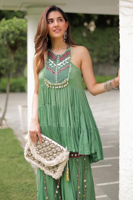 Shop Siyona By Ankurita Green Chinon Embroidered Sequins Halter Tiered Kurta And Gharara Set Shop_Siyona By Ankurita_Green Chinon Embroidered Sequins Halter Tiered Kurta And Gharara Set