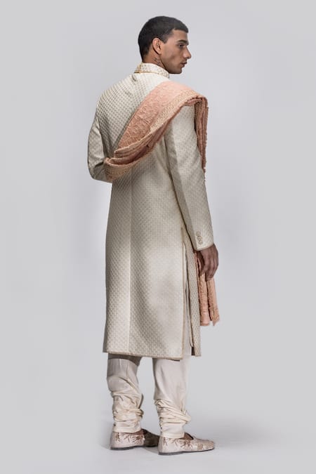 Shop Asuka Off White Chanderi Silk Hand Embroidered Chikankari Sherwani Set at Aza Fashions Shop_Asuka_Off White Chanderi Silk Hand Embroidered Chikankari Sherwani Set _at_Aza_Fashions