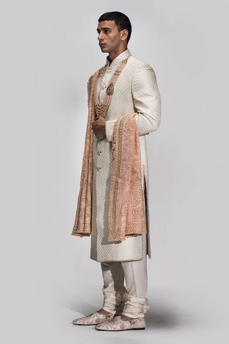 Asuka Off White Chanderi Silk Hand Embroidered Chikankari Sherwani Set Online at Aza Fashions Asuka_Off White Chanderi Silk Hand Embroidered Chikankari Sherwani Set _Online_at_Aza_Fashions