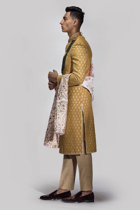 Buy_Asuka_Yellow Jacquard Hand Embroidered Zari Sherwani Set _Online_at_Aza_Fashions