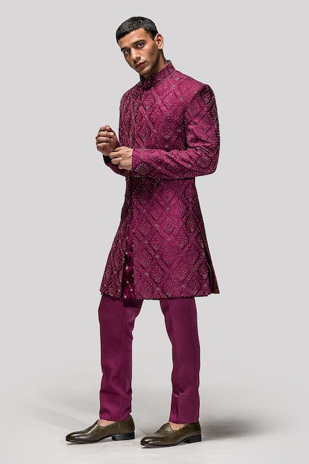 Shop Asuka Wine Chanderi Silk Embroidered Resham Cutdana Sherwani Set at Aza Fashions Shop_Asuka_Wine Chanderi Silk Embroidered Resham Cutdana Sherwani Set _at_Aza_Fashions