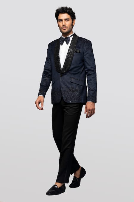 Shop Asuka Blue Foil Suede Hand Embroidered Cutdana Nalki Blazer And Trouser Set at Aza Fashions Shop_Asuka_Blue Foil Suede Hand Embroidered Cutdana Nalki Blazer And Trouser Set _at_Aza_Fashions