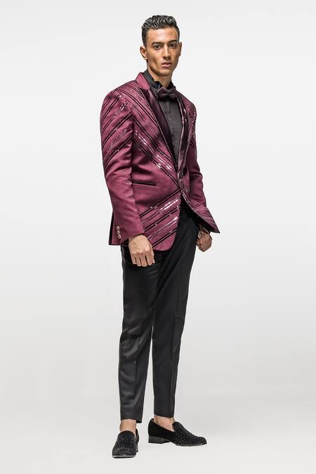 Asuka_Wine Woven Jacquard Embroidered Metallic Strip Blazer Set_Online_at_Aza_Fashions