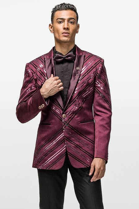 Buy_Asuka_Wine Woven Jacquard Embroidered Metallic Strip Blazer Set_Online_at_Aza_Fashions