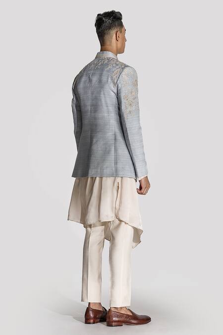 Shop_Asuka_Blue Satin, Silk, Maheshwari Zari, Embroidery Sherwani Pyjama Set _at_Aza_Fashions
