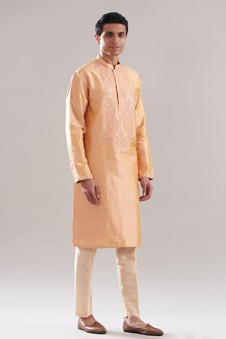 Asuka Peach Silk Mirrors Embroidered Kurta And Pyjama Set 