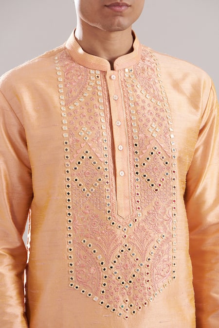 Asuka Peach Silk Mirrors Embroidered Kurta And Pyjama Set Online at Aza Fashions Asuka_Peach Silk Mirrors Embroidered Kurta And Pyjama Set _Online_at_Aza_Fashions