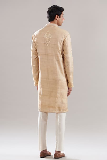 Shop Asuka Beige Tussar Embroidery Dori Kurta And Pyjama Set at Aza Fashions Shop_Asuka_Beige Tussar Embroidery Dori Kurta And Pyjama Set _at_Aza_Fashions