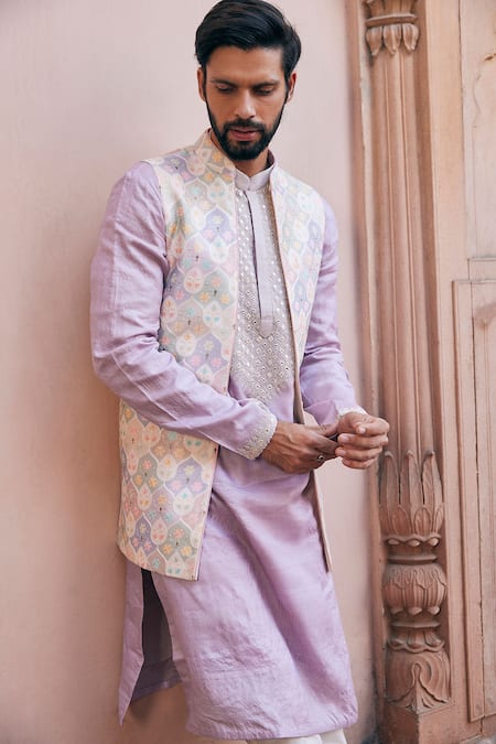 Shop Asuka Purple Chanderi, Tussar Zari, Mirrors Geometric Embroidered Kurta Set at Aza Fashions Shop_Asuka_Purple Chanderi, Tussar Zari, Mirrors Geometric Embroidered Kurta Set _at_Aza_Fashions
