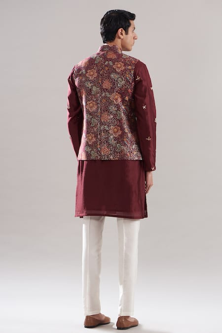 Shop Asuka Maroon Cotton, , Chanderi Embroidery, Floral Print Bundi Kurta Set at Aza Fashions Shop_Asuka_Maroon Cotton, , Chanderi Embroidery, Floral Print Bundi Kurta Set _at_Aza_Fashions