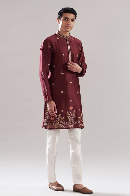 Asuka Maroon Cotton, , Chanderi Embroidery, Floral Print Bundi Kurta Set Online at Aza Fashions Asuka_Maroon Cotton, , Chanderi Embroidery, Floral Print Bundi Kurta Set _Online_at_Aza_Fashions