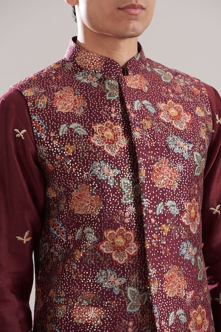 Buy Asuka Maroon Cotton, , Chanderi Embroidery, Floral Print Bundi Kurta Set Online at Aza Fashions Buy_Asuka_Maroon Cotton, , Chanderi Embroidery, Floral Print Bundi Kurta Set _Online_at_Aza_Fashions