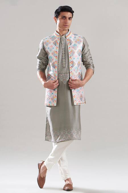 Asuka Gray Cotton, Silk Mirrors, Embroidery Geometric Print Bundi Set 