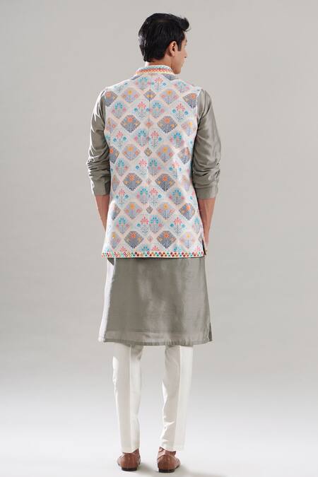 Shop Asuka Gray Cotton, Silk Mirrors, Embroidery Geometric Print Bundi Set at Aza Fashions Shop_Asuka_Gray Cotton, Silk Mirrors, Embroidery Geometric Print Bundi Set _at_Aza_Fashions