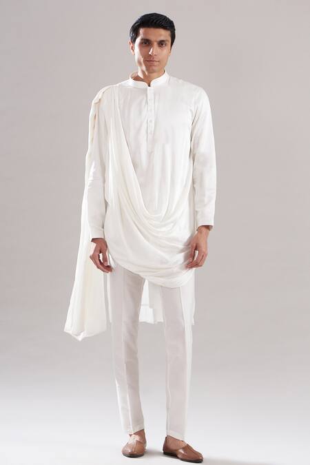 Asuka_White Cotton Silk Embroidered French Knots Jacket And Draped Kurta Set _Online_at_Aza_Fashions