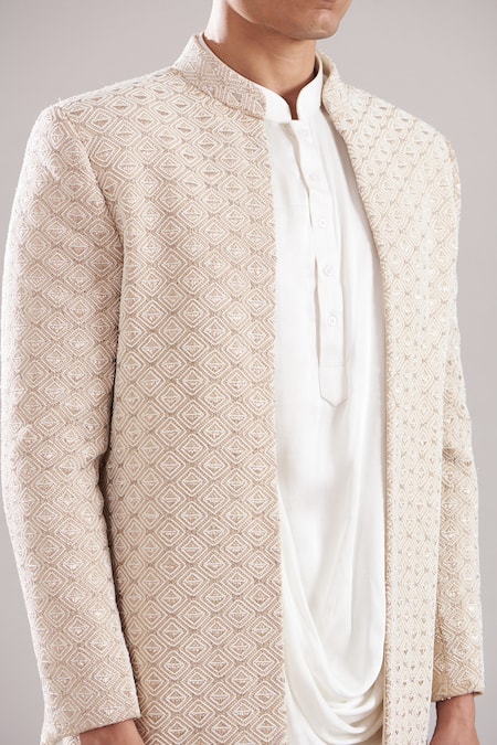 Buy_Asuka_White Cotton Silk Embroidered French Knots Jacket And Draped Kurta Set _Online_at_Aza_Fashions