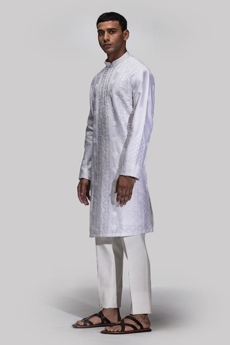 Asuka_Ivory Chanderi Silk Embroidery Resham Kurta Set _Online_at_Aza_Fashions