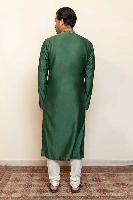 Shop_Nirjara_Green Chanderi Silk Placement Embroidery Peeta Aari Nawab Kurta _Online_at_Aza_Fashions